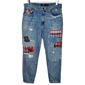 Lauren Ralph Lauren Patchwork Boyfriend Jeans 6 Ankle Distressed Plaid Preppy
